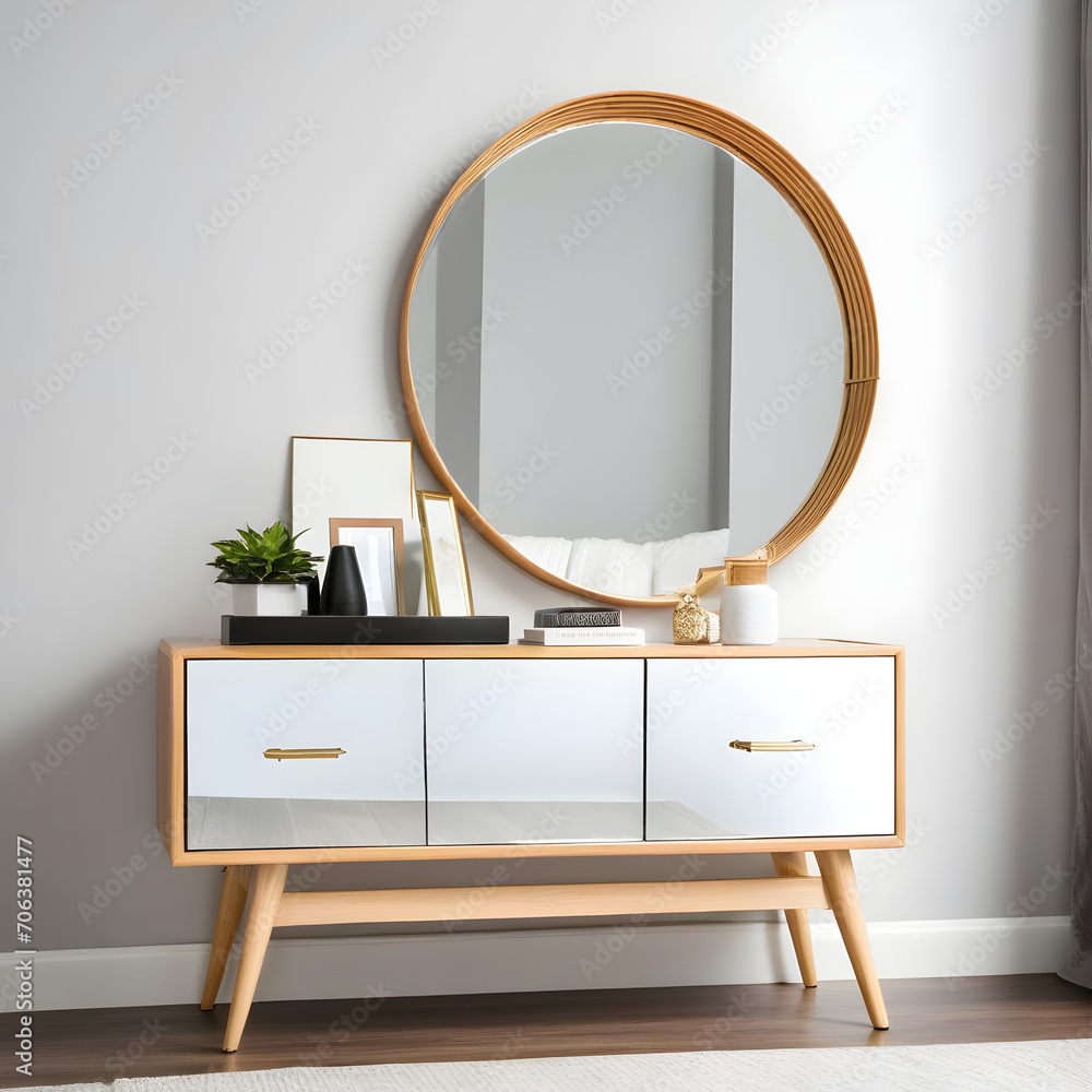 Elegant room interior with mirror on nightstand Elegant room interior with mirror on nightstand