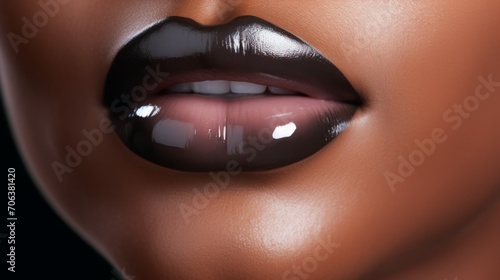 Close-up of the beautiful plump lips of a dark-skinned woman with black lipstick. Cosmetics, make-up, lip augmentation and correction concepts.