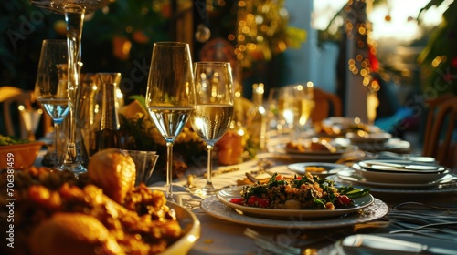 A table set with plates of food and glasses of wine. Perfect for food and drink related projects