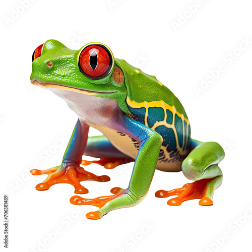  A green exotic red-eyed tree frog from the tropical jungle isolated on white background