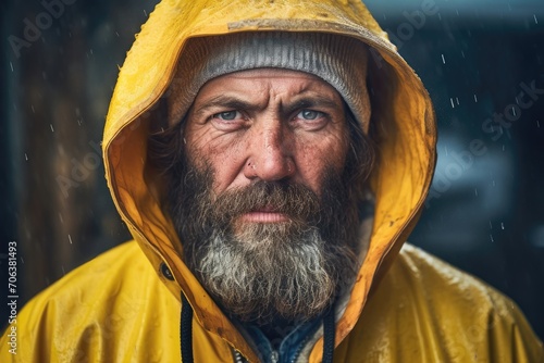 Solemn fisherman with beard in yellow hooded raincoat. photo