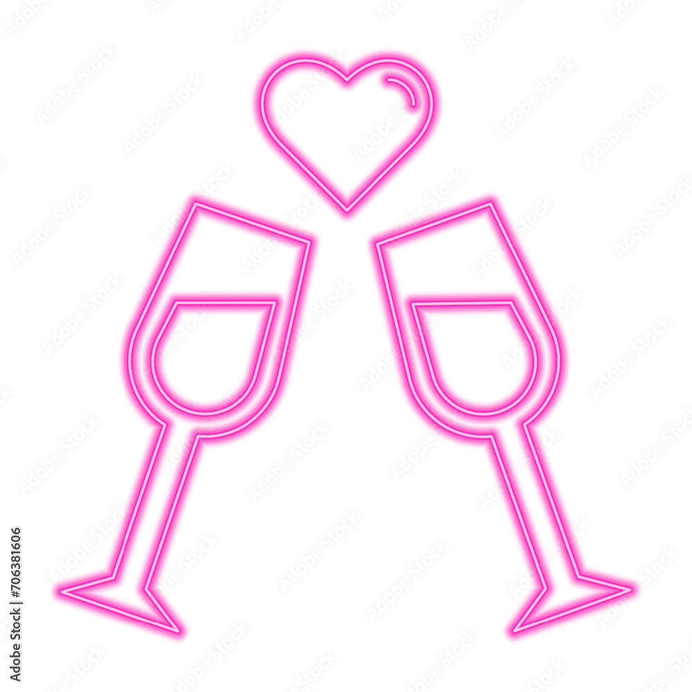 Neon two glasses and a heart line icon. Meeting, romance, flowers, kiss, love, rendezvous, cafe, evening, restaurant. Vector icon for business and advertising Neon two glasses and a heart line icon. Meeting, romance, flowers, kiss, love, rendezvous, cafe, evening, restaurant. Vector icon for business and advertising