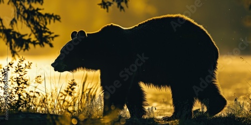 A large brown bear walking across a grass covered field. Perfect for nature and wildlife themes