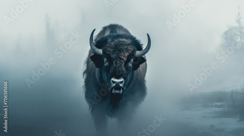 Lonely bison in the forest in the thick fog photo