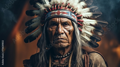 A face of an old Native American Indian in full headdress