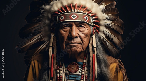 A face of an old Native American Indian in full headdress