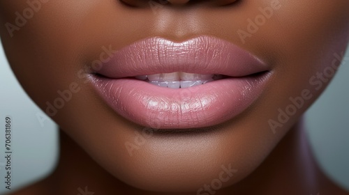 Close-up of the beautiful plump lips of an African American woman with pink lipstick. Cosmetics, make-up, lip augmentation and correction concepts.