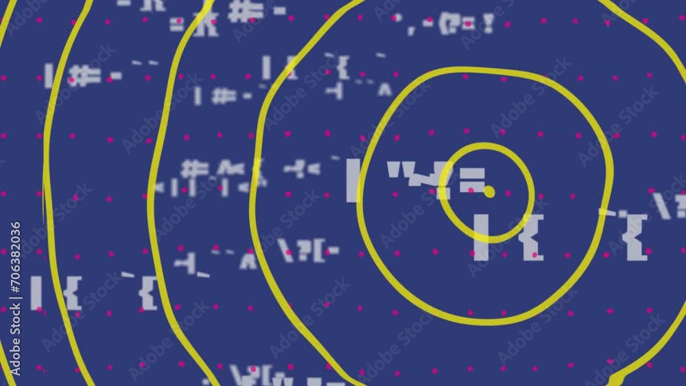 Animation of yellow circles over pink dots and data processing on blue background Animation of yellow circles over pink dots and data processing on blue background