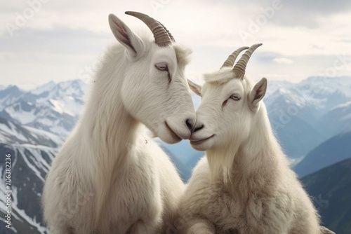Affectionate goat couple snuggles in alpine scenery. Generative AI