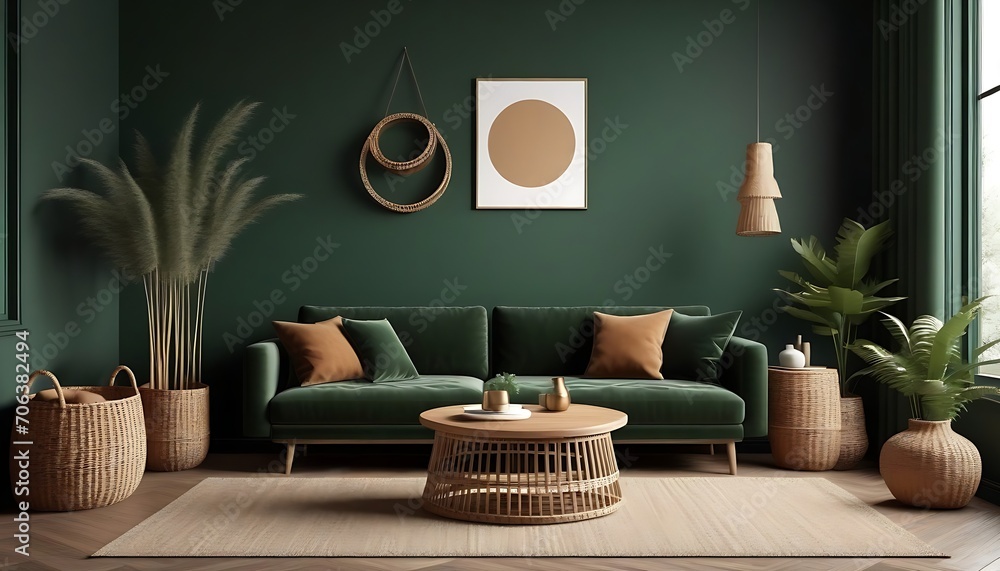 Modern dark green home interior with brown couch and pampas in wicker basket, 3d render Modern dark green home interior with brown couch and pampas in wicker basket, 3d render