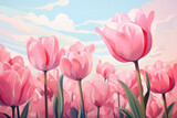 Spring blossoming tulips in garden, springtime bright flowers in the field, pastel and soft floral card, selective focus