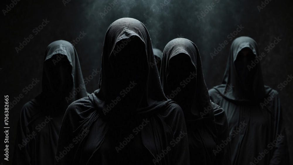 Group of mystery people in black clothes with hood symbolize the anonymity. AI generated - obrazy, fototapety, plakaty 