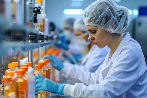 Female workers in modern laboratory for cosmetics, pharmaceutical company, vaccine production
