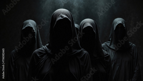 Group of mystery people in black clothes with hood symbolize the anonymity. AI generated photo