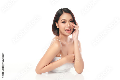 Beautiful young asian woman with clean fresh skin on white background, Face care, Facial treatment, Cosmetology, beauty and spa, Asian women portrait.