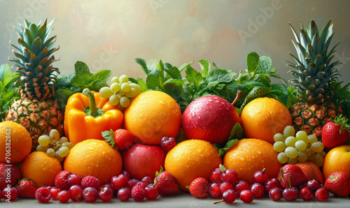 Stack of Various Fruits on Top of Each Other. An assortment of different fruits stacked on top of each other  creating a vibrant and colorful display.