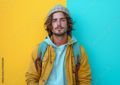 Man With Backpack Standing in Front of Blue and Yellow Wall. A man wearing a backpack stands confidently in front of a bright blue and yellow wall.