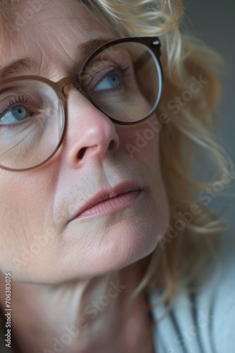 Close up shot of a woman wearing glasses. Suitable for business, education, or lifestyle concepts