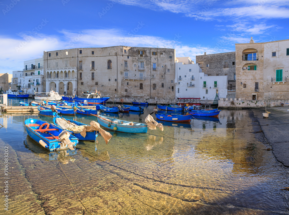 Old port of Monopoli in Apulia, southern Italy: view of the old town with fishing and rowing boats.	