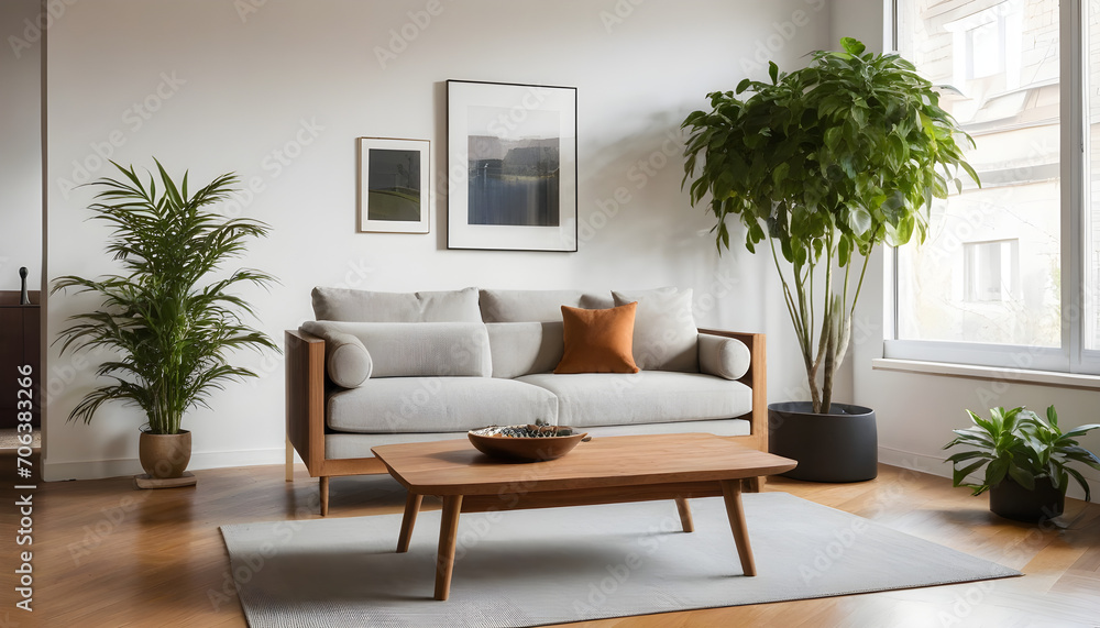 This minimalistic living room, featuring a cozy wooden couch, a modern table, an indoor plant, and other elegant furniture, creates a warm and inviting atmosphere that is perfect for both entertainin This minimalistic living room, featuring a cozy wooden couch, a modern table, an indoor plant, and other elegant furniture, creates a warm and inviting atmosphere that is perfect for both entertainin