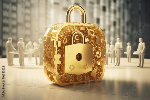 3D rendering illustration. Successful Happy office worker, IT support team holds golden lock as symbol of business defence and protection. Office working environment