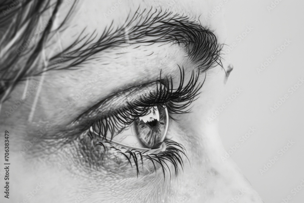 Obraz premium Close-up black and white photo of a woman's eye. Suitable for use in beauty, fashion, or healthcare related projects