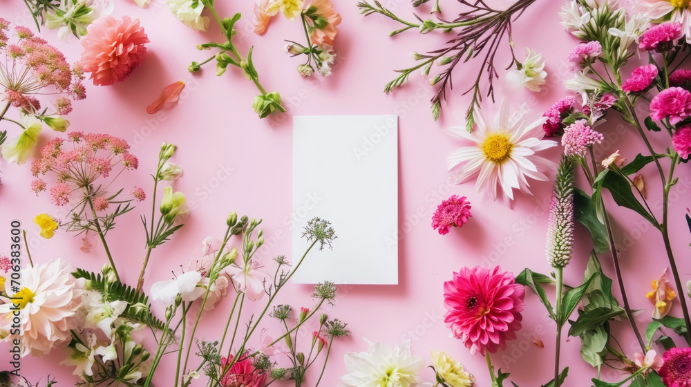Blank paper card mockup with plenty of spring flowers on pink background. Design greeting card concept. Generative AI Blank paper card mockup with plenty of spring flowers on pink background. Design greeting card concept. Generative AI