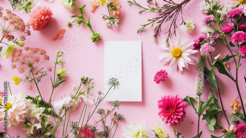 Blank paper card mockup with plenty of spring flowers on pink background. Design greeting card concept. Generative AI