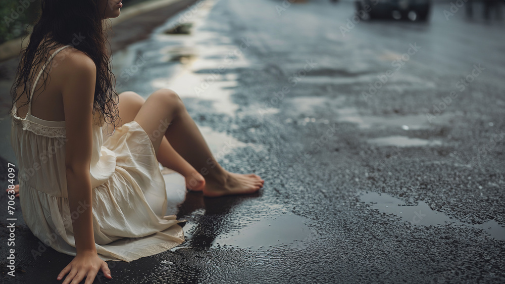 Junge traurige Frau im Kleid auf der Straße im Regen ist einsames und ...