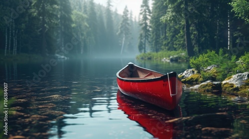 A red canoe sitting on top of a serene lake. Perfect for outdoor and nature-themed designs