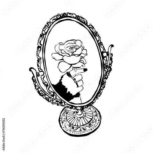 Fototapet Mirror with reflection of hand with rose flower
