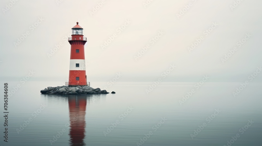 Lighthouse in a calm foggy sea. Generative AI