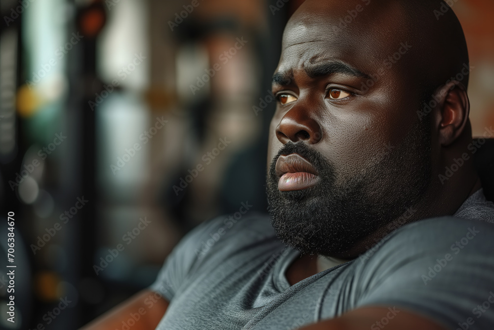 Portrait of African American sad overweight man sitting in gym and looking away, health problem Portrait of African American sad overweight man sitting in gym and looking away, health problem