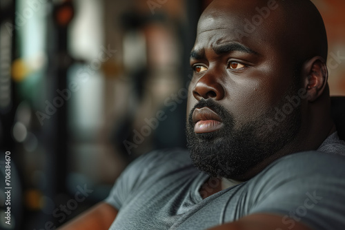 Portrait of African American sad overweight man sitting in gym and looking away, health problem