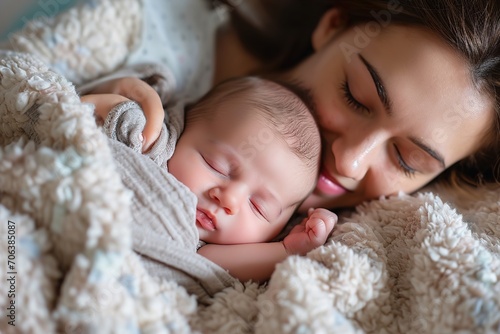 Loving mom carying of her newborn baby at home