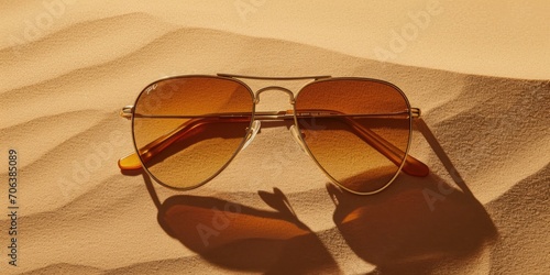 Sunglasses resting on a sandy beach, perfect for summer vacation or beach-themed designs
