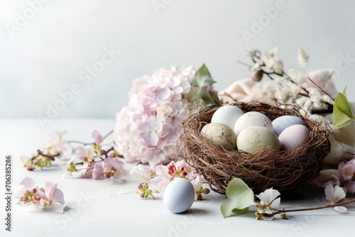 Easter eggs in nest on grey background. Easter background with eggs and spring flowers