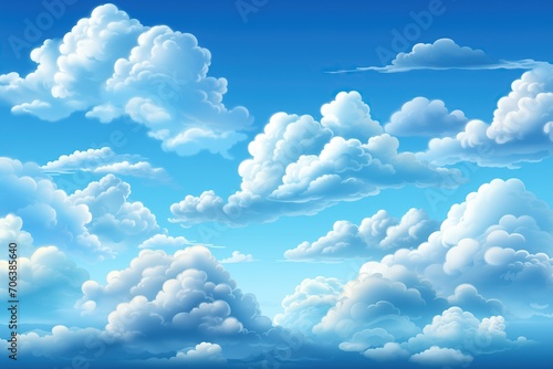 Anime style background with blue sky and smooth fluffy clouds. Cartoon heaven for background