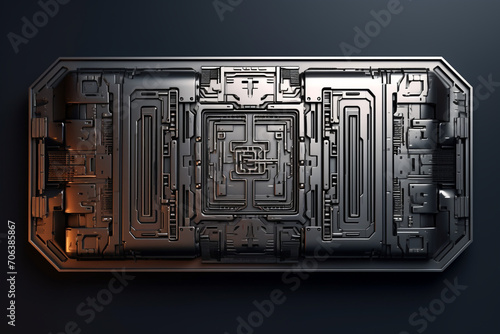 3d rendering metal techno rectangular geometric greeble symbol of broadcast photo