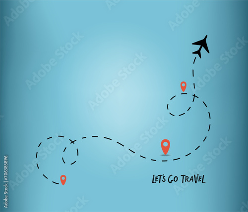 Lets Go Travel lettering with Aeroplane route, location labels on blue background. Flying plane isolated. Business trip, journey, travel. Holiday travel. Motivational header. Flat vector illustration