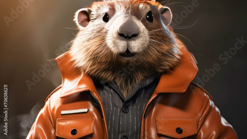 The beaver is wearing a leather jacket and resting in nature photo