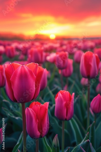 A picturesque scene of a field filled with pink tulips  with a stunning sunset in the background. Ideal for nature lovers and floral enthusiasts.