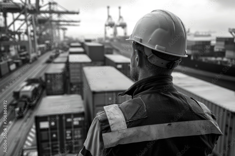 A man wearing a hard hat stands and observes a train yard. This image can be used to depict industrial work, construction, or transportation themes