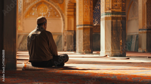 Silhouette of Muslim male praying in old mosque