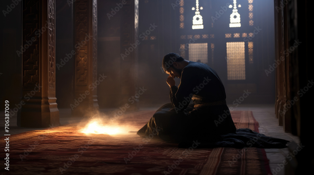 Silhouette of Muslim male praying in old mosque