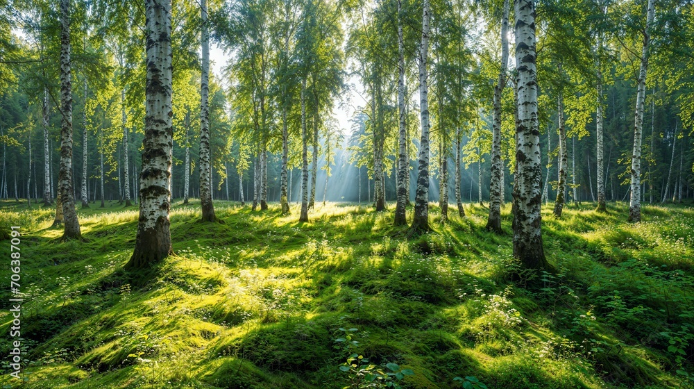 Fototapeta premium Sunlight Filtering Through a Serene Birch Forest