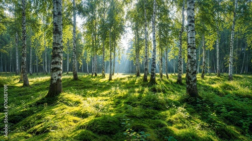 Sunlight Filtering Through a Serene Birch Forest photo