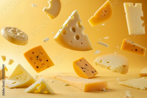 Assortment of cheese flying around, pastel background, cheddar, emental, french soft cheese photo