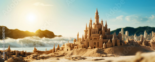 Grand intricate sandcastle on the beach during a summer day with a bluured city backdrop. Generative AI photo
