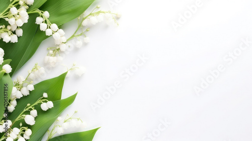 Spring composition of lily of the valley flowers, top view with space for copy text on a background